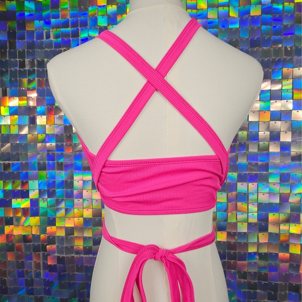 Hot‎ Pink Ribbed Wrap Halter Crop Top - Picture 4 of 5